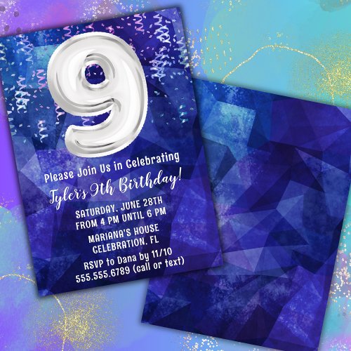 Boy Blue White 9th Birthday Invitation