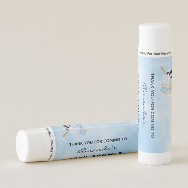 Boy blue white stork favor baby shower lip balm (Front)