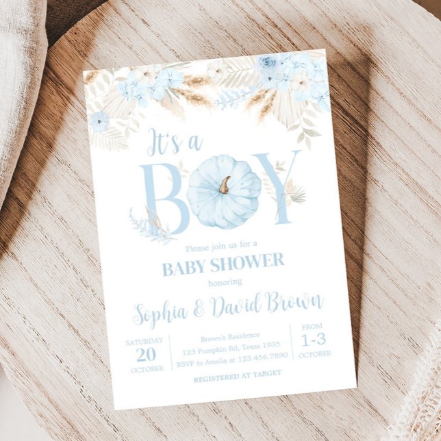 Boy Boho Pumpkin Baby Shower Invitation (Blue It's a Boy Boho Pumpkin Baby Shower Invitation)