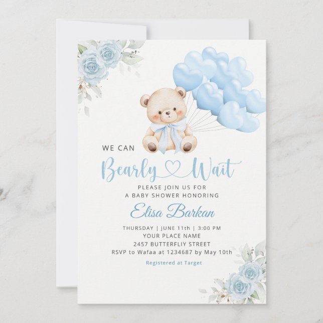 Boy Boho Teddy Bear We Can Bearly Wait Baby Shower Invitation (Front)
