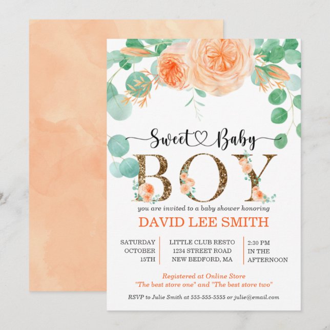Boy Botanical teal and orange Baby Shower (Front/Back)
