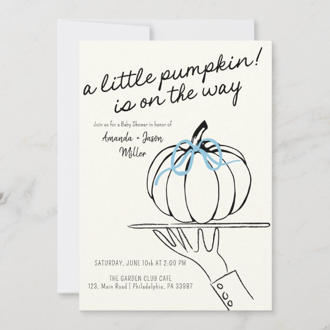 Boy Bow Fall Baby Shower Pumpkins hand drawn Save The Date (Front)