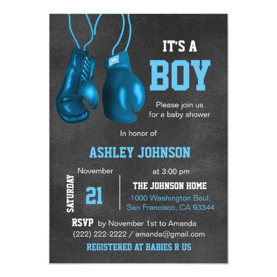 Boy Boxing Gloves Blue Baby Shower Invitations