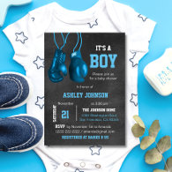 Boy Boxing Gloves Blue Baby Shower Invitations