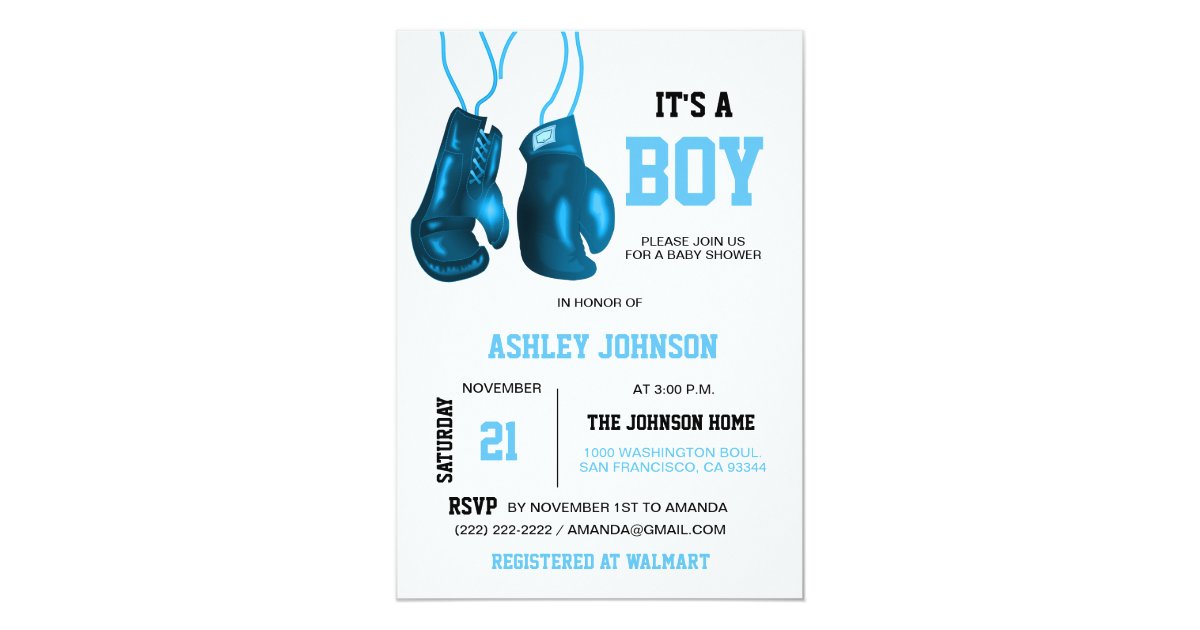Boy Boxing Gloves Blue Baby Shower Invitations Zazzle Com