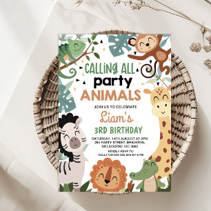 Boy Brown Green Calling All Party Animals Birthday Invitation