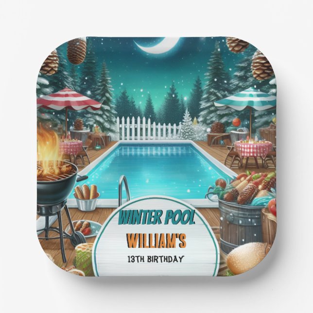 boy bruh Barbeque Winter Pool Party 13th birthday Paper Plates (Front)