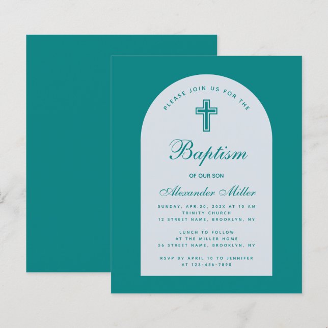 Boy Budget Teal Script Arch Baptism Invitation (Front/Back)