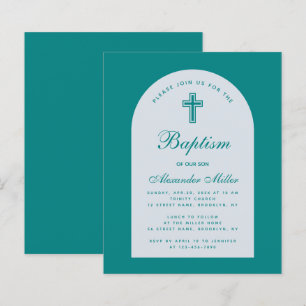Boy Budget Teal Script Arch Baptism Invitation