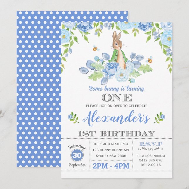 Boy Bunny 1st Birthday Party Garden Blue Floral Invitation (Front/Back)