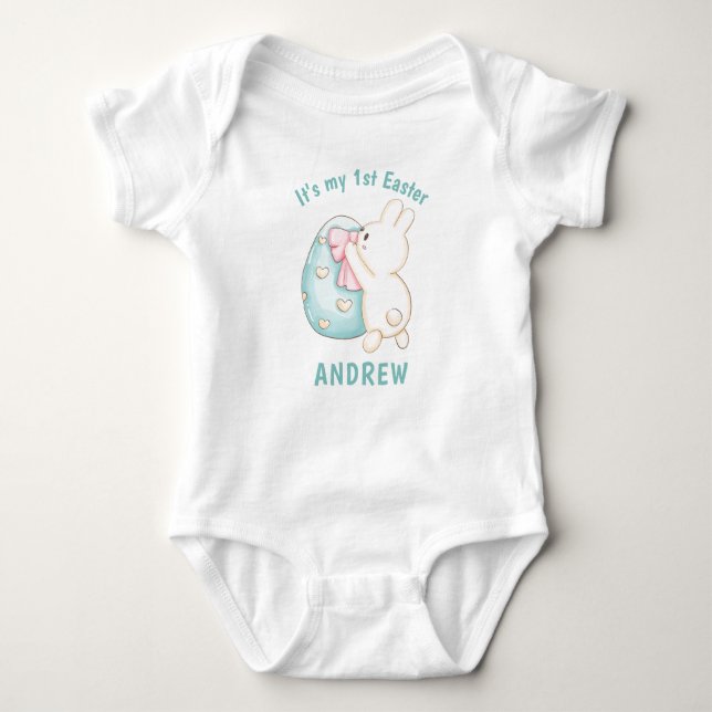 Boy Bunny & Blue Egg 1st Easter Personalized Name  Baby Bodysuit (Front)
