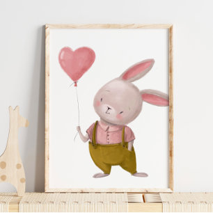 Boy Bunny Heart Balloon   Bunny Wall Print