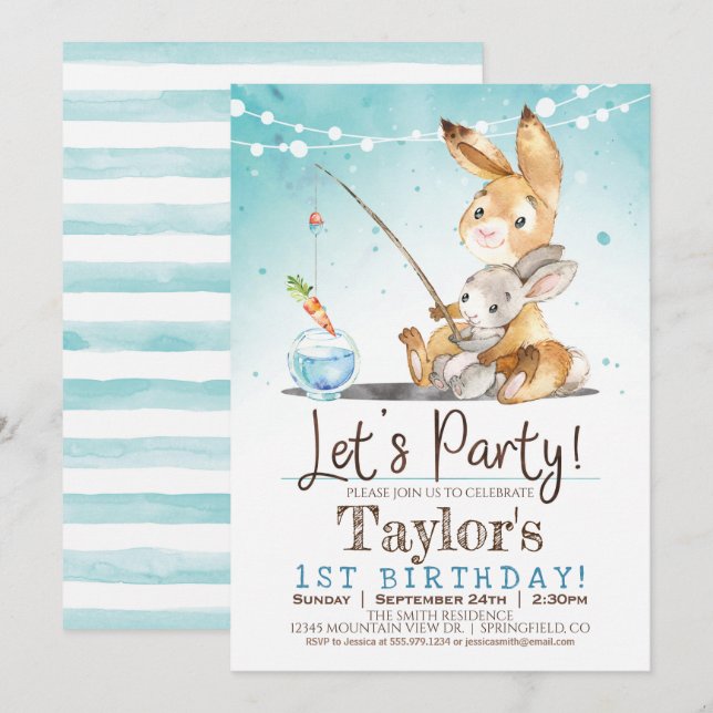 Boy Bunny Rabbit 1st Birthday Party Invitation (Front/Back)