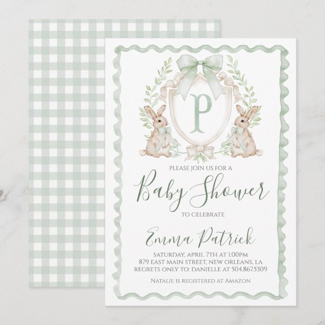 Boy Bunny Rabbit Baby Shower Preppy Sage Green  Invitation (Front/Back)