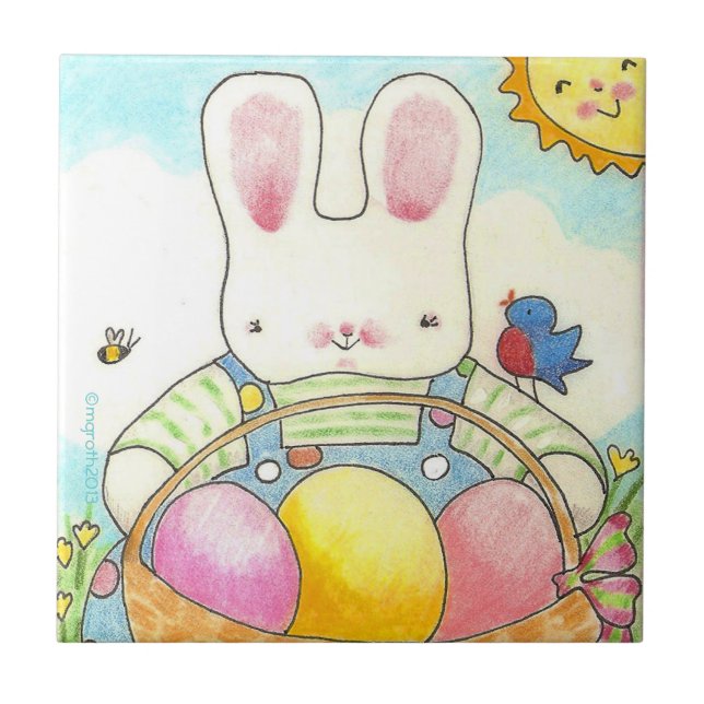 Boy bunny with basket ceramic tile (Front)