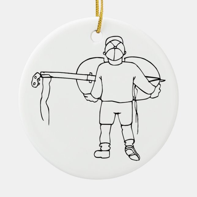 Boy Carrying Broken Upright Bass Back View Ceramic Ornament (Front)