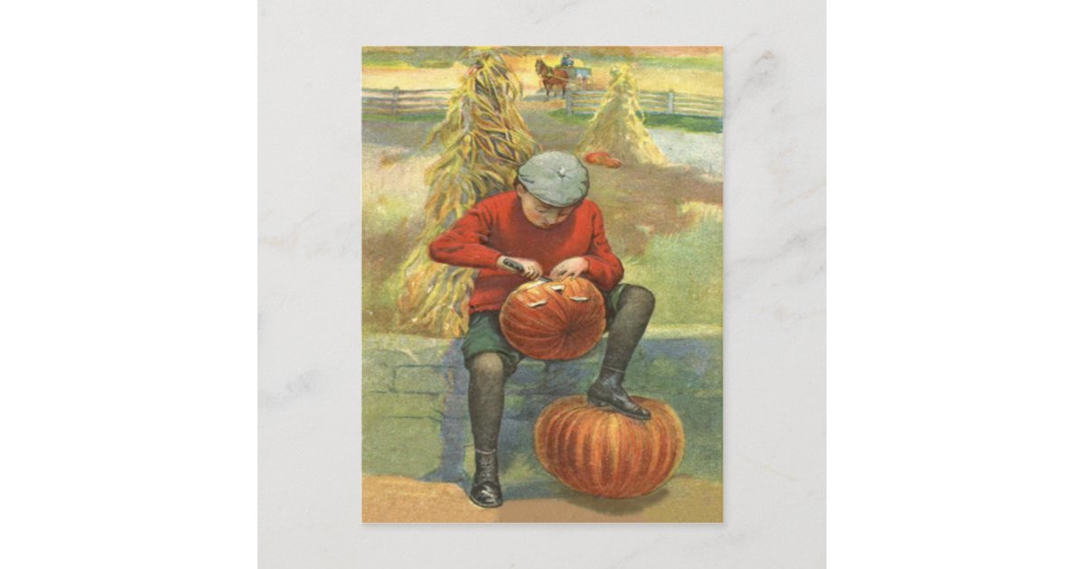 Boy Carving Jack O Lantern Pumpkin Postcard | Zazzle