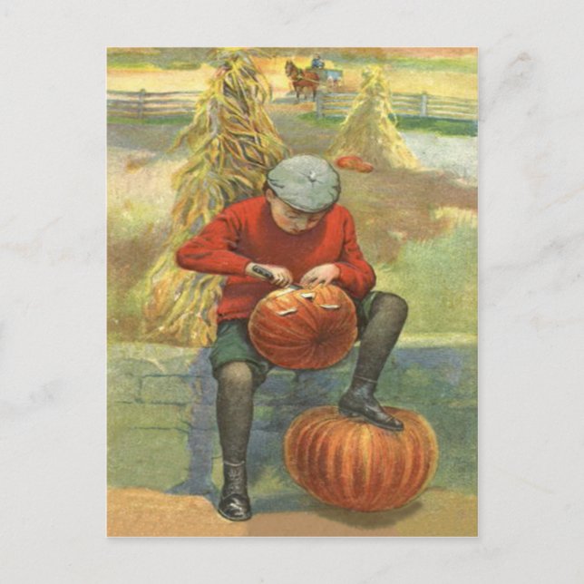 Boy Carving Jack O Lantern Pumpkin Postcard (Front)