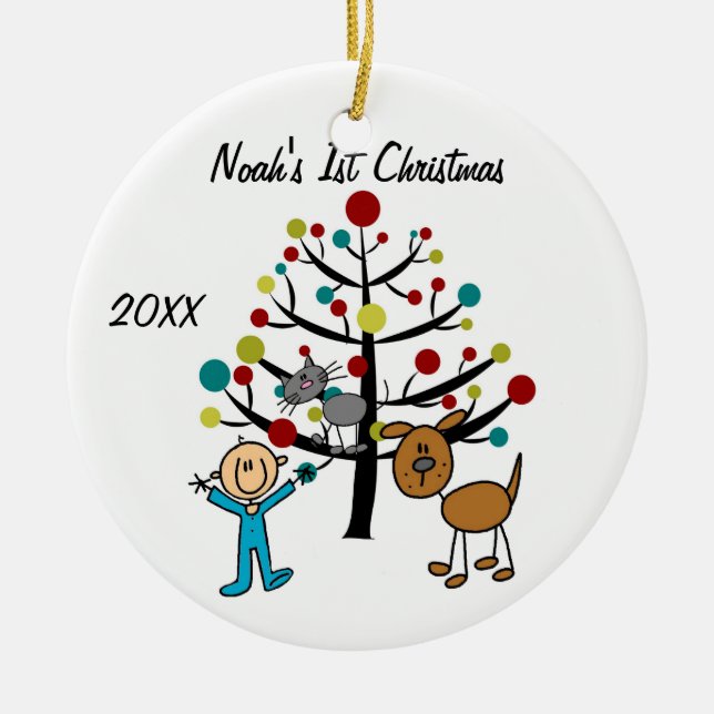 Boy, Cat and Dog 1st Christmas Customized Ornament (Front)