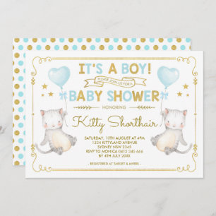 Boy Cat Baby Shower Kitten Cat Lover Blue Gold Invitation