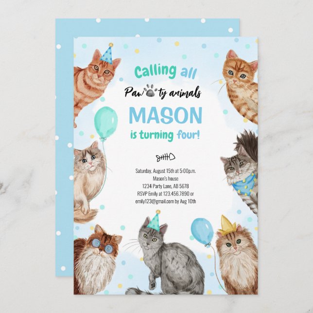 Boy Cat Pawty Animals Birthday Invitation (Front/Back)