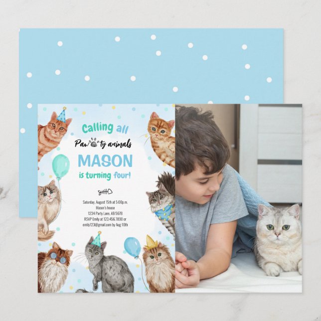 Boy Cat Pawty Animals Birthday Photo Invitation (Front/Back)