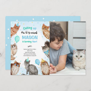 Boy Cat Pawty Animals Birthday Photo Invitation