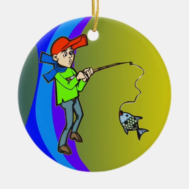 Boy Catching A Fish Ceramic Ornament (Front)