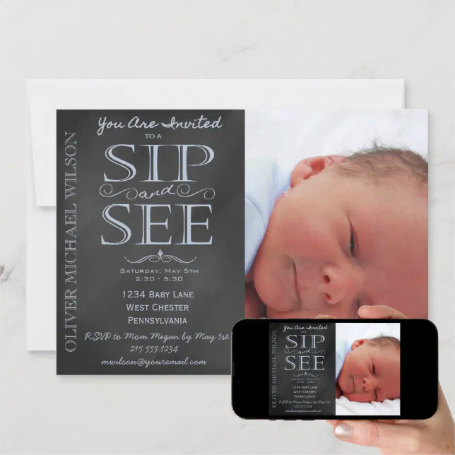 Boy Chalkboard Photo Sip and See Invitation Zazzle