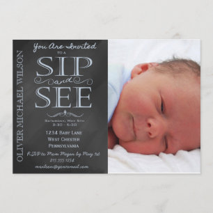 Boy Chalkboard Photo Sip and See Invitation