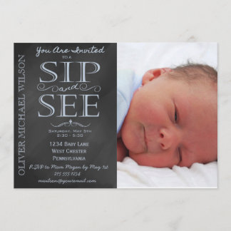 Boy Chalkboard Photo Sip and See Invitation