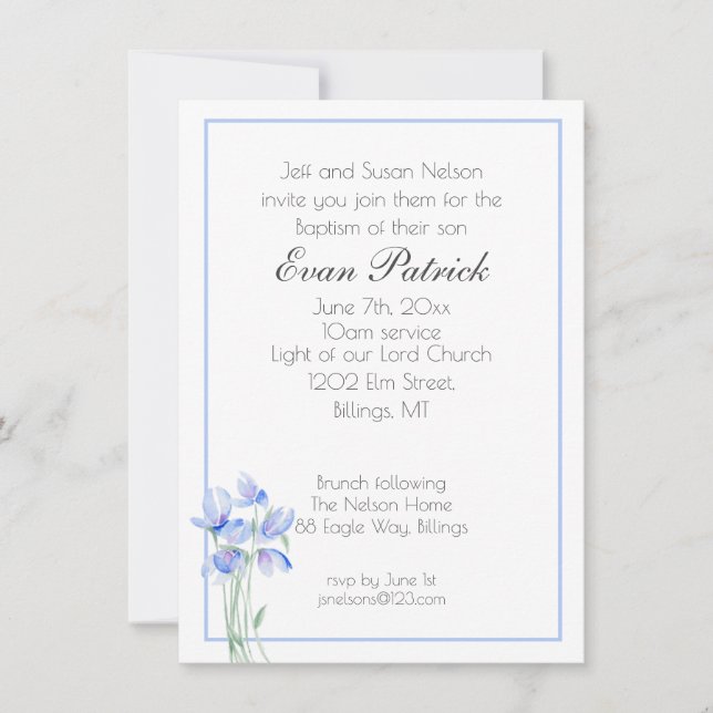 Boy Christening Baptism Blue Wildflower Announcement (Front)