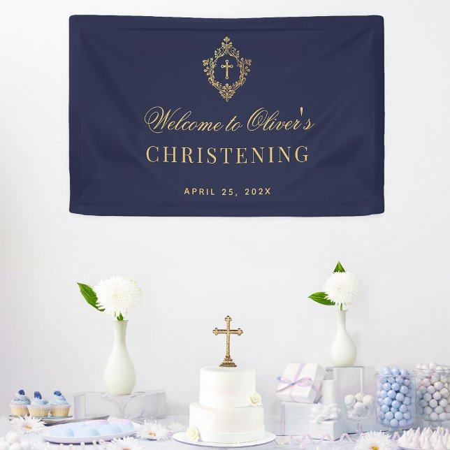 Boy Christening Navy Blue Faux Gold Vintage Crest Banner (Creator Uploaded)
