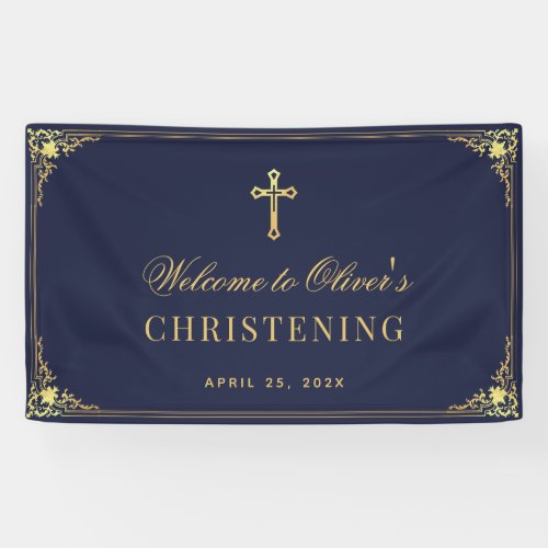 Boy Christening Navy Blue Gold Vintage Baptism Banner