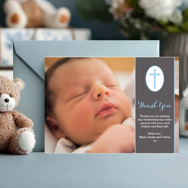 Boy Christening Thank You Card with Photo (A sweet way to say thank you 💙 Personalize this baby boy christening thank you card with your photo)