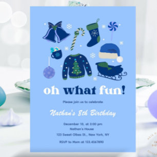 Boy Christmas Theme Birthday Holiday Blue Xmas Invitation