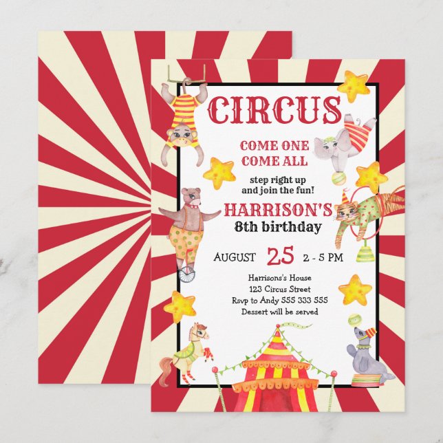 Boy Circus Party Birthday Carnival Invitation (Front/Back)