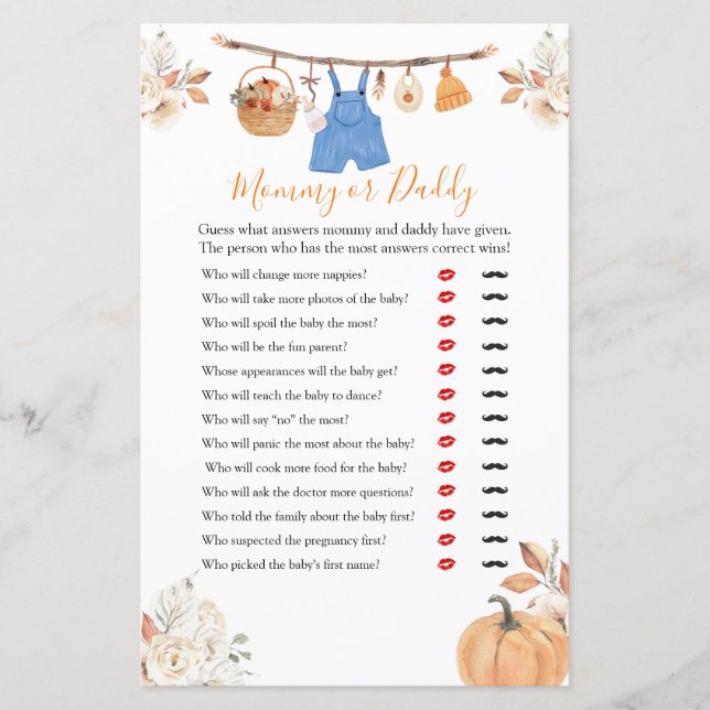 Boy Clothes Pumpkin Baby Shower Mommy or Daddy (Front)