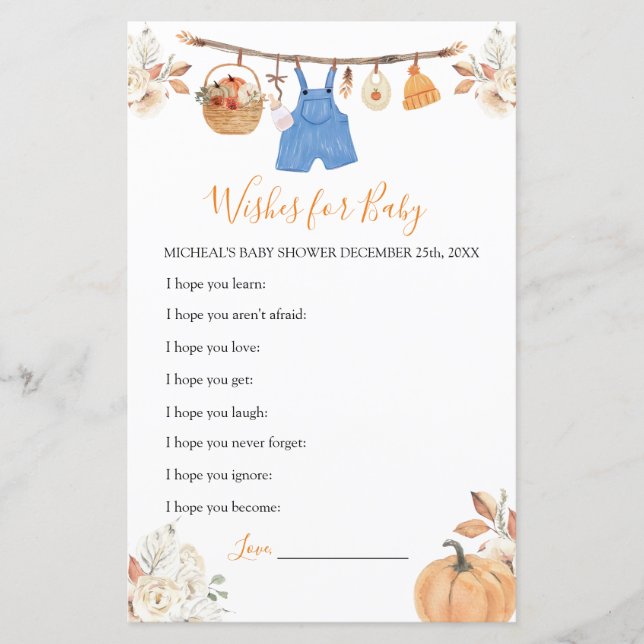 Boy Clothes Pumpkin Baby Shower Wishes for Baby (Front)