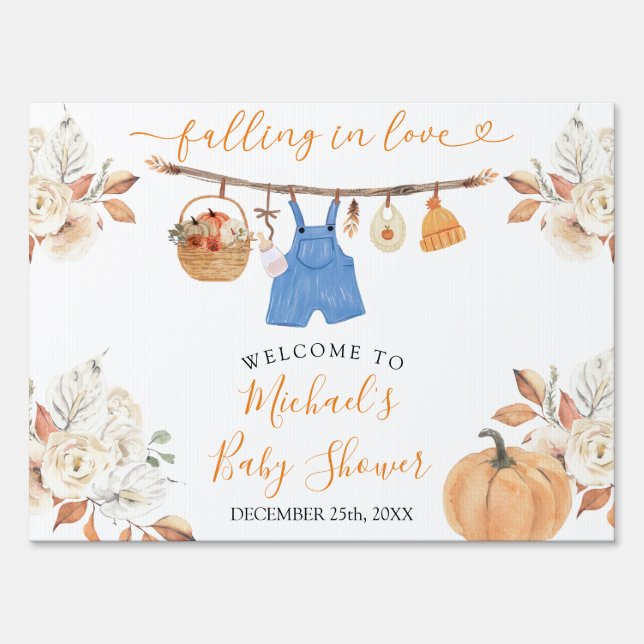 Boy Clothes Pumpkin Fall Baby Shower Welcome Yard Sign (Front)