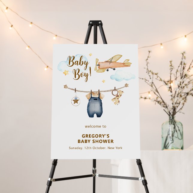 Boy Clothesline Airplane Baby Shower Welcome Sign  (In Situ (Stand))