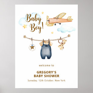 Boy Clothesline Airplane Sky Baby Shower Welcome  Poster
