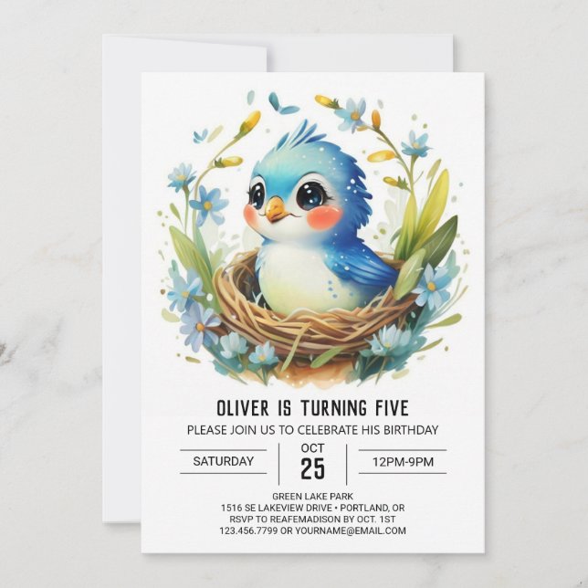 Boy Colibri Into the Woods Bird Birthday Invitation (Front)