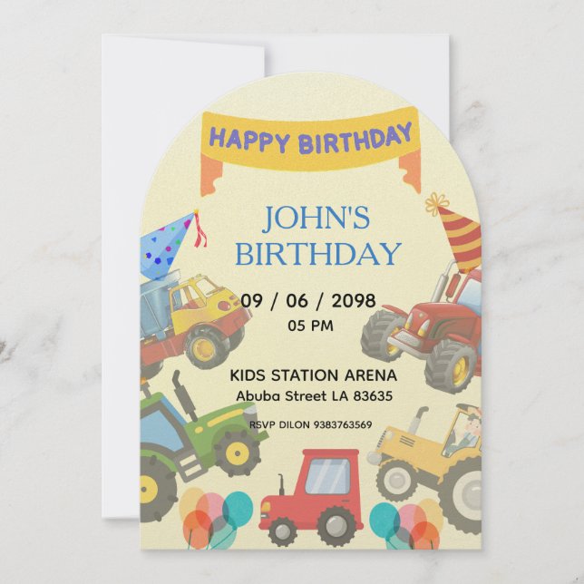 Boy Colorful Cartoon Tractor theme invitation  (Front)