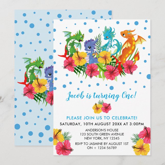Boy Colorful  Dinosaur Tropical First Birthday Invitation (Front/Back)
