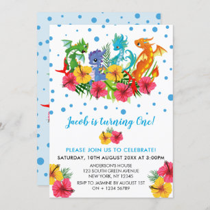 Boy Colorful Dinosaur Tropical First Birthday Invitation