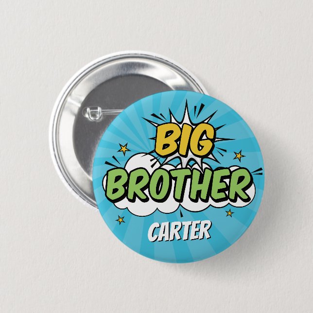 Boy Comic Book Superhero Baby Shower Big Brother Button (Front & Back)