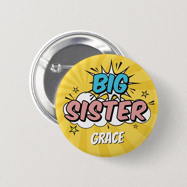 Boy Comic Book Superhero Baby Shower Big Sister Button (Front & Back)
