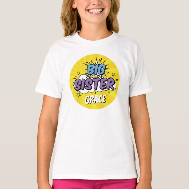 Boy Comic Book Superhero Baby Shower Big Sister T-Shirt (Front)