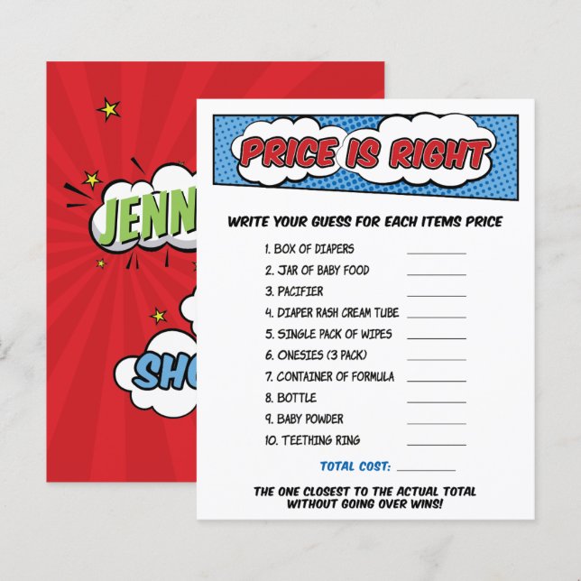 Boy Comic Book Superhero Baby Shower Price Game (Front/Back)
